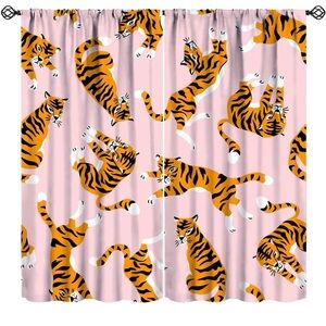 Tiger Blackout Curtains Ferocious Jungle Wild Animal White Orange Pink Cartoon